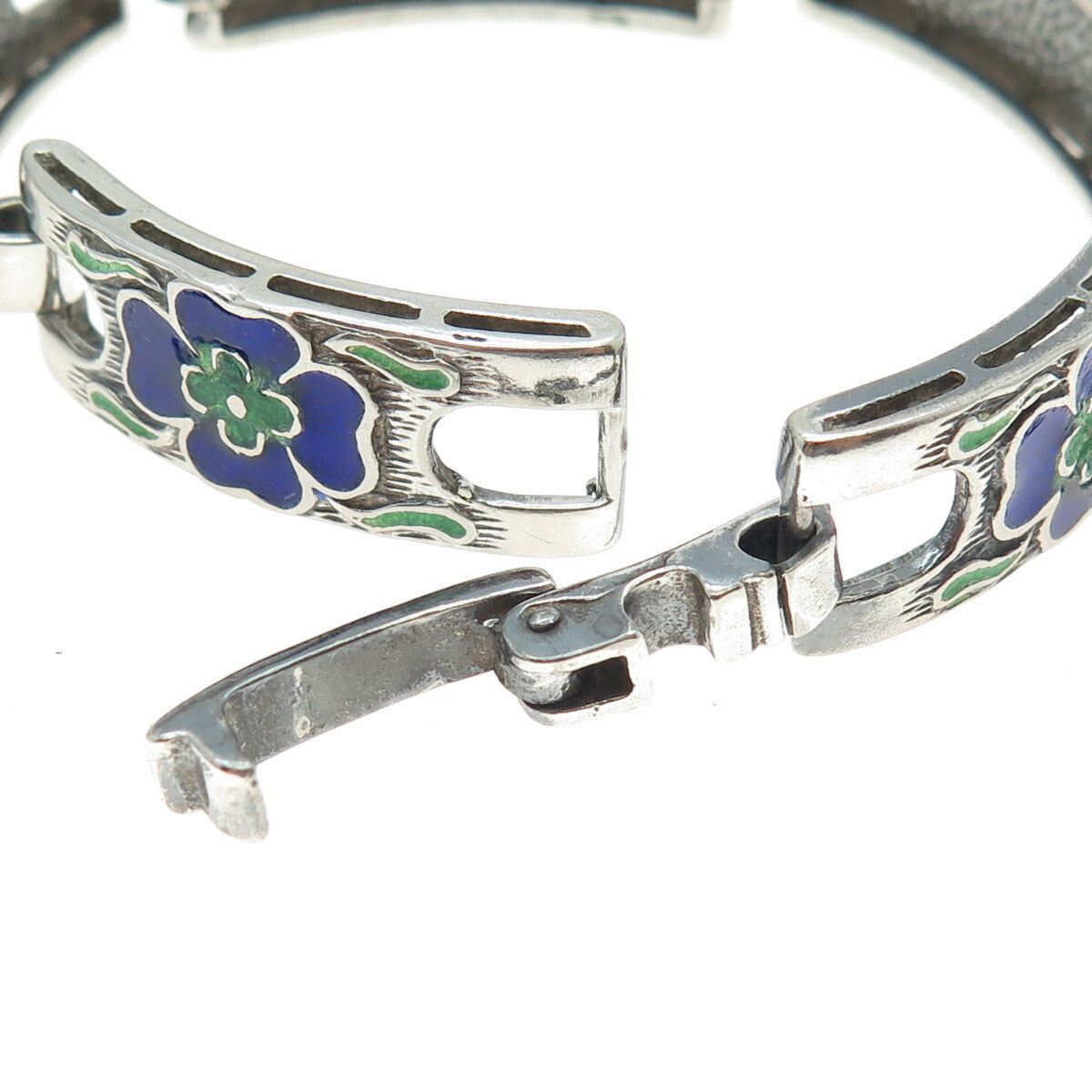 925 Sterling Silver Vintage Enamel Floral Panel Link Oxidized Bracelet 7.5"