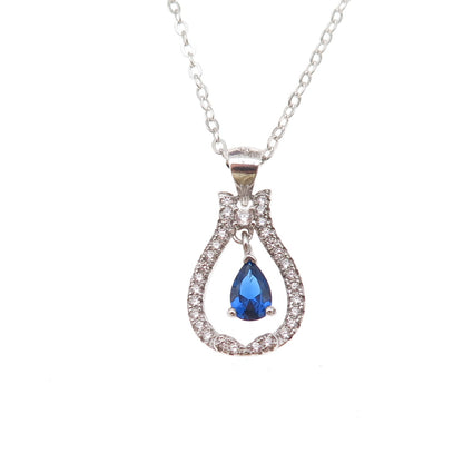 925 Sterling Silver Blue & White C Z Teardrop Cable Chain Necklace 18"