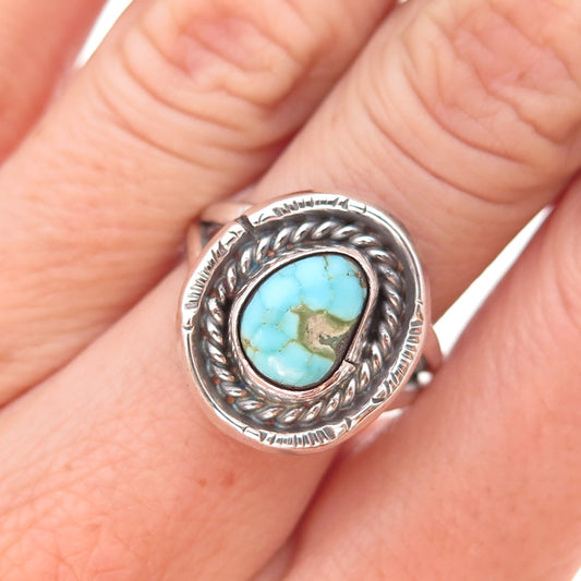 Old Pawn Sterling Silver Vintage Southwestern Turquoise Tribal Ring Size 7.75