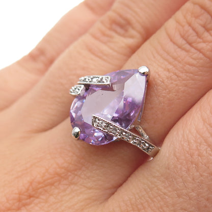 925 Sterling Silver Pear-Cut Purple & Round-Cut White C Z Ring Size 7