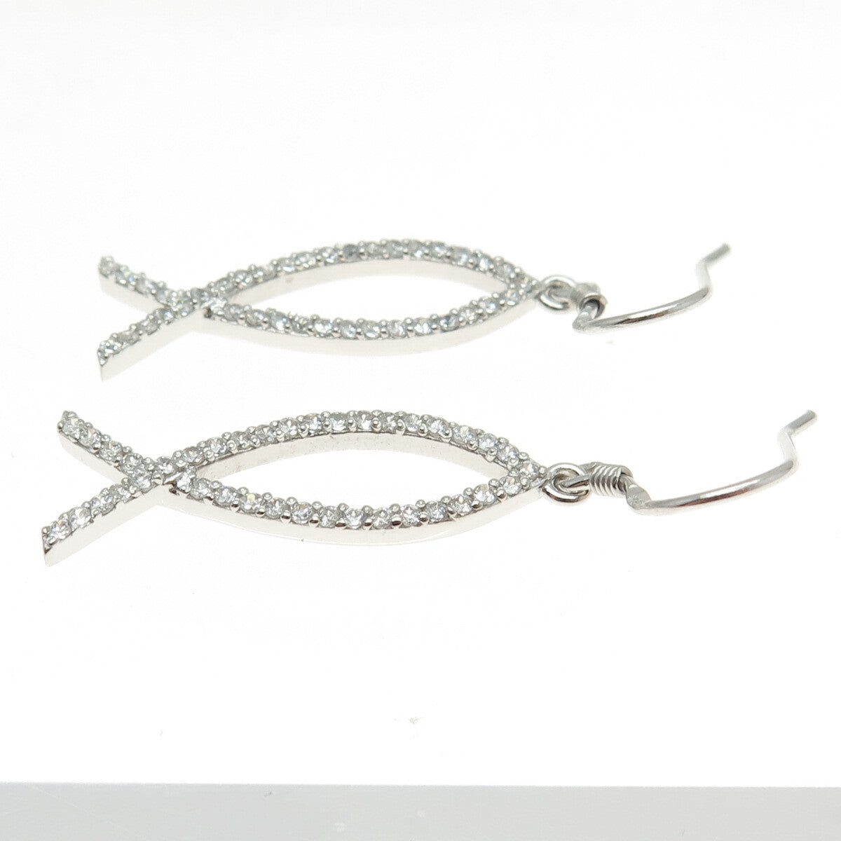 925 Sterling Silver Round-Cut C Z Ichthys Symbol Dangling Earrings