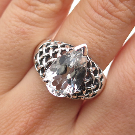 925 Sterling Silver Vintage SCBS Real Pear-Cut White Topaz Oxidized Ring Size 8