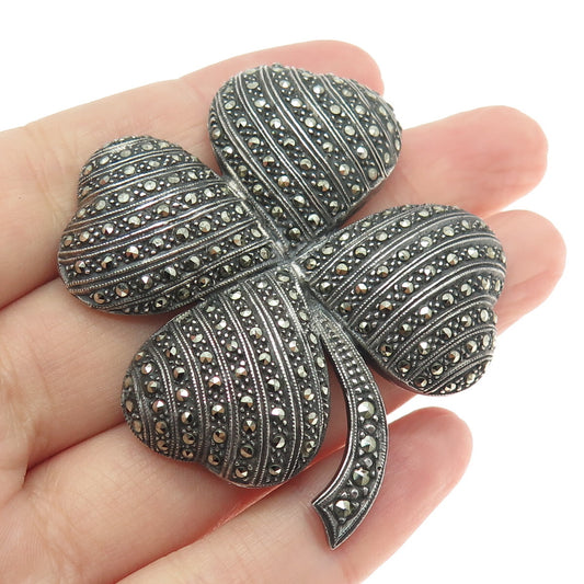 JUDITH JACK 925 Sterling Vintage Marcasite Gem Clover for Good Luck Brooch