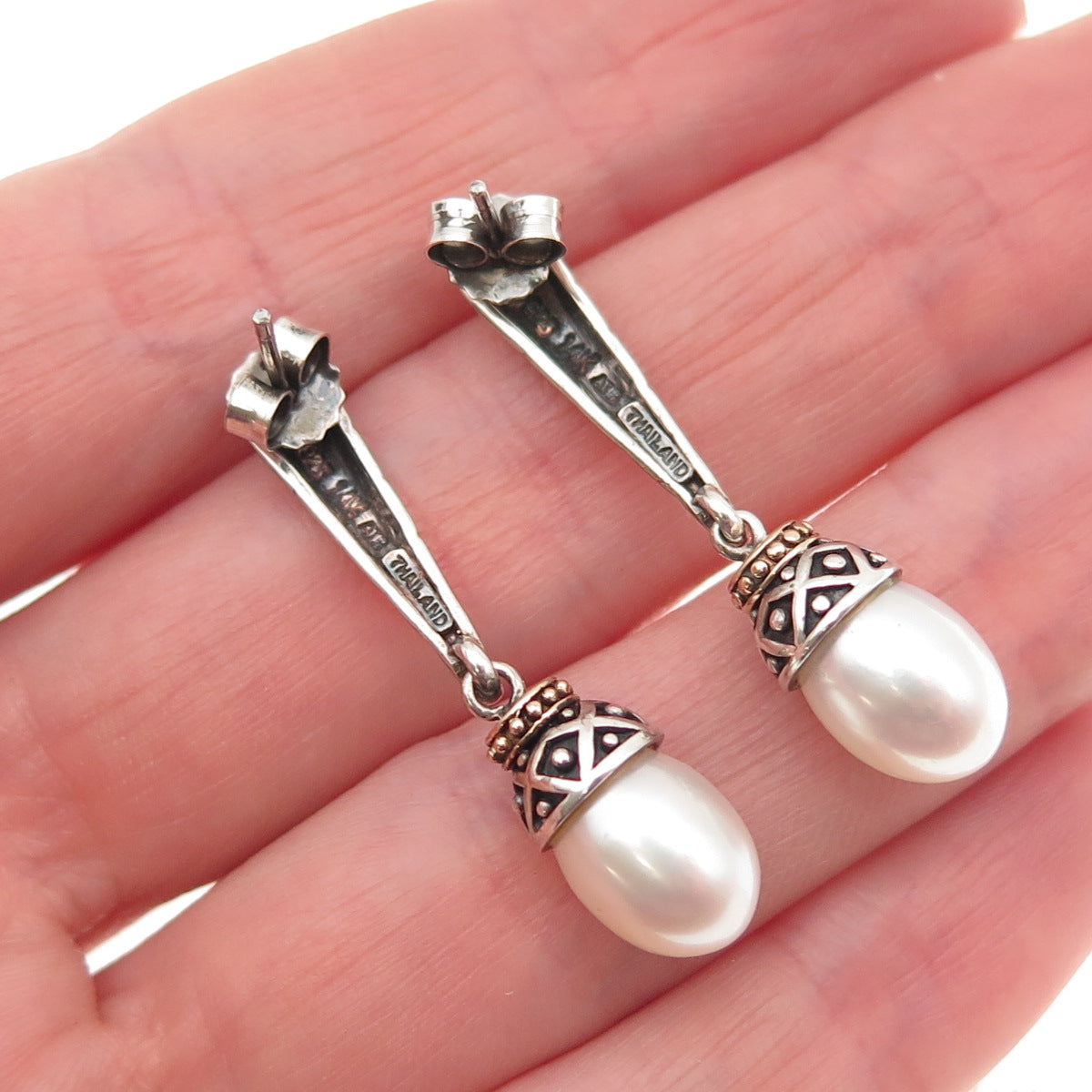 925 Sterling Silver 14K Gold Vintage ATR Real Pearl Modernist Dangle Earrings