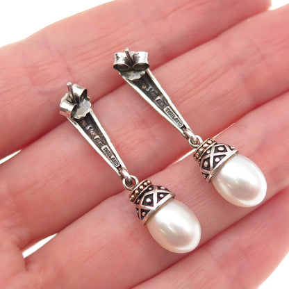 925 Sterling Silver 14K Gold Vintage ATR Real Pearl Modernist Dangle Earrings