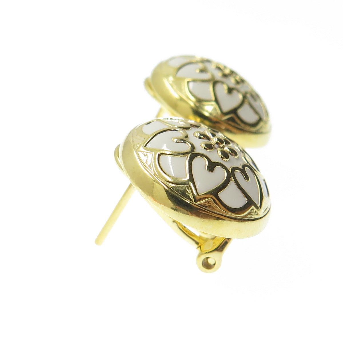 HAN 925 Sterling Silver Gold Plated Enamel Heart Floral Omega Back Earrings