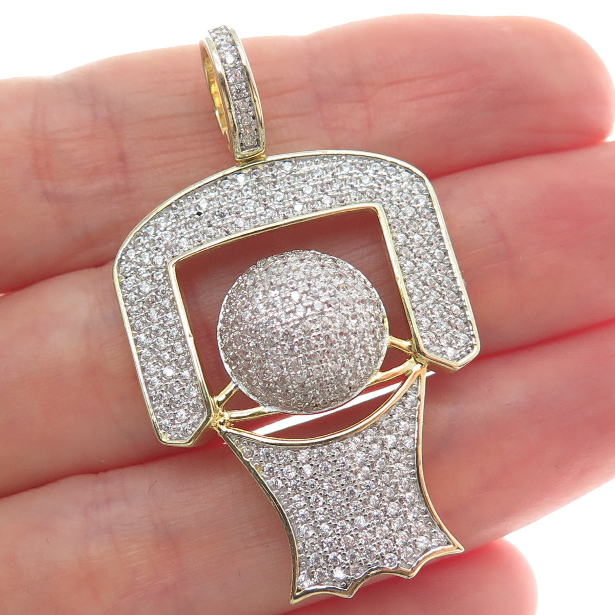 925 Sterling Silver Gold Plated C Z Basketball Hoop Sparkle Pendant