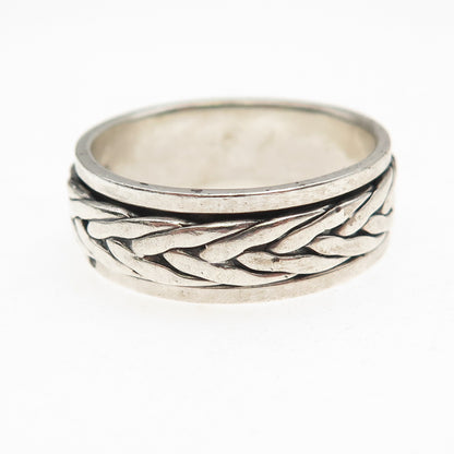 925 Sterling Silver Vintage Braided Oxidized Rotating Band Ring Size 12.75