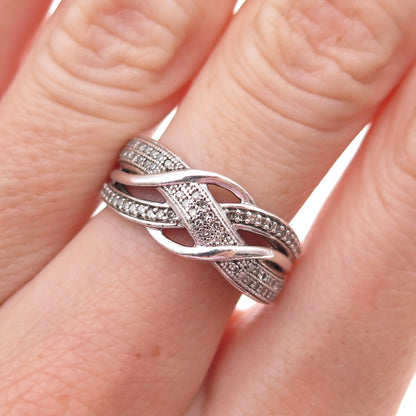 925 Sterling Silver Real Round-Cut Diamond Woven Ring Size 6.75