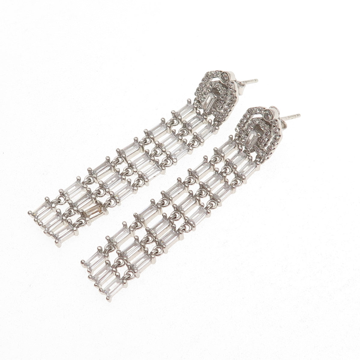 925 Sterling Silver Emerald & Round-Cut C Z Tassel Dangle Earrings
