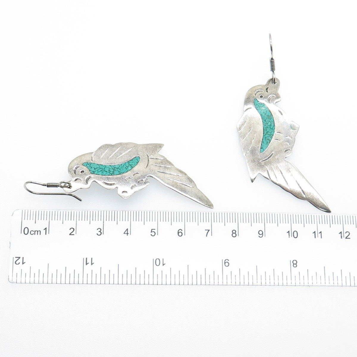 925 Sterling Silver Vintage Mexico Real Turquoise Inlay Parrot Dangle Earrings