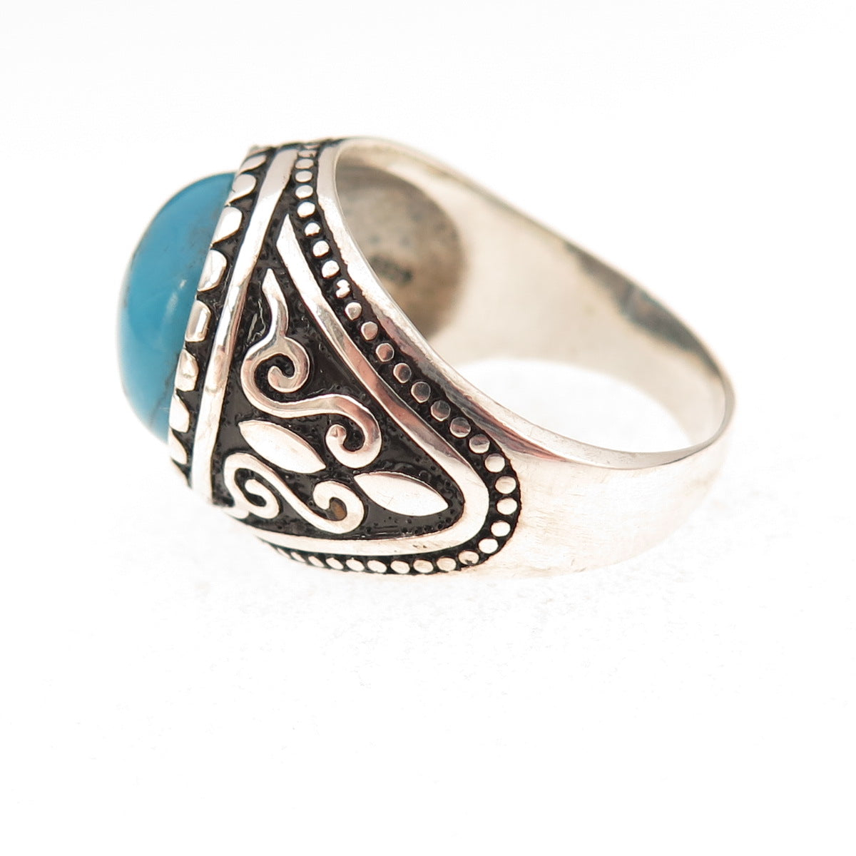 925 Sterling Silver Vintage Real Turquoise Oxidized Ring Size 9.25