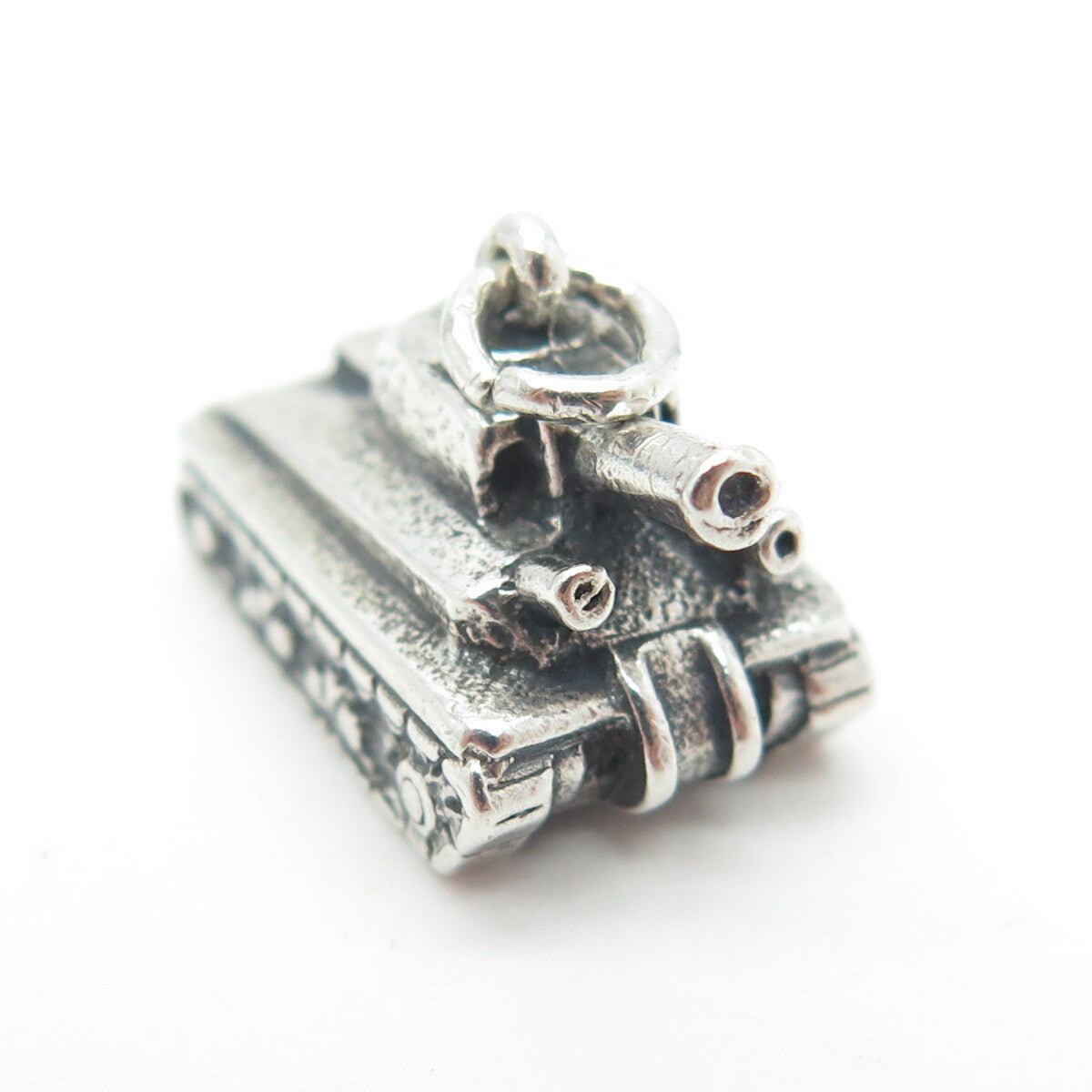 925 Sterling Silver Antique Art Deco Military Tank Minimalist 3D Charm Pendant
