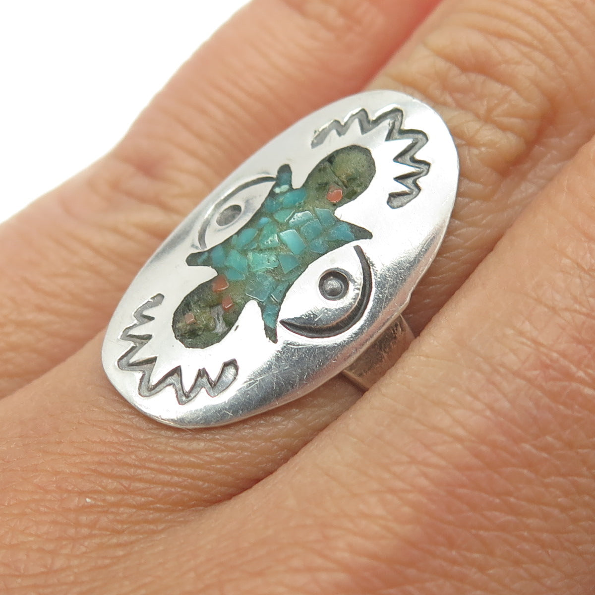 ERVIN TSOSIE Navajo Old Pawn Sterling Silver Turquoise Coral Inlay Ring Size 7