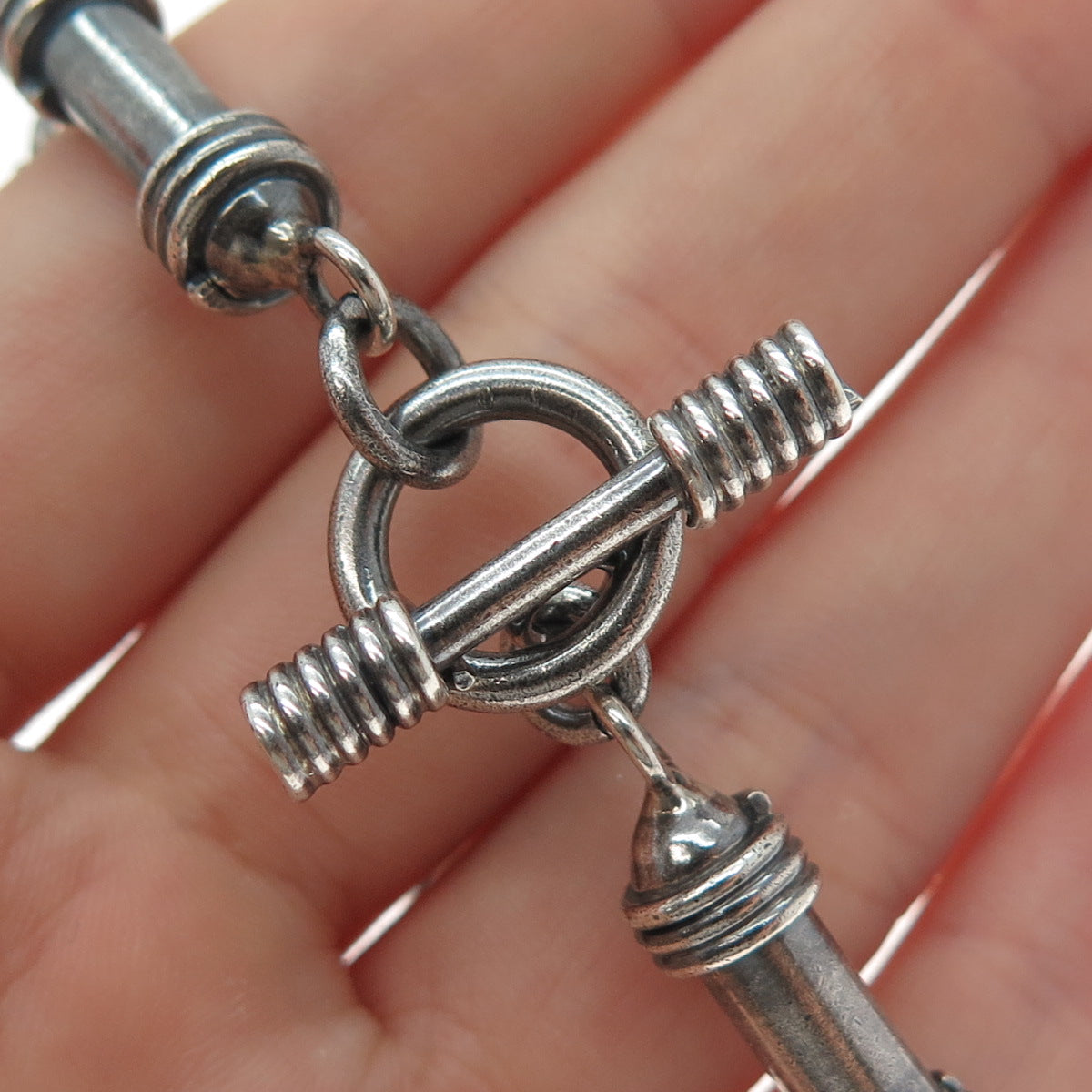 925 Sterling Silver Vintage Modernist Bar Link Oxidized Bracelet 7.25"