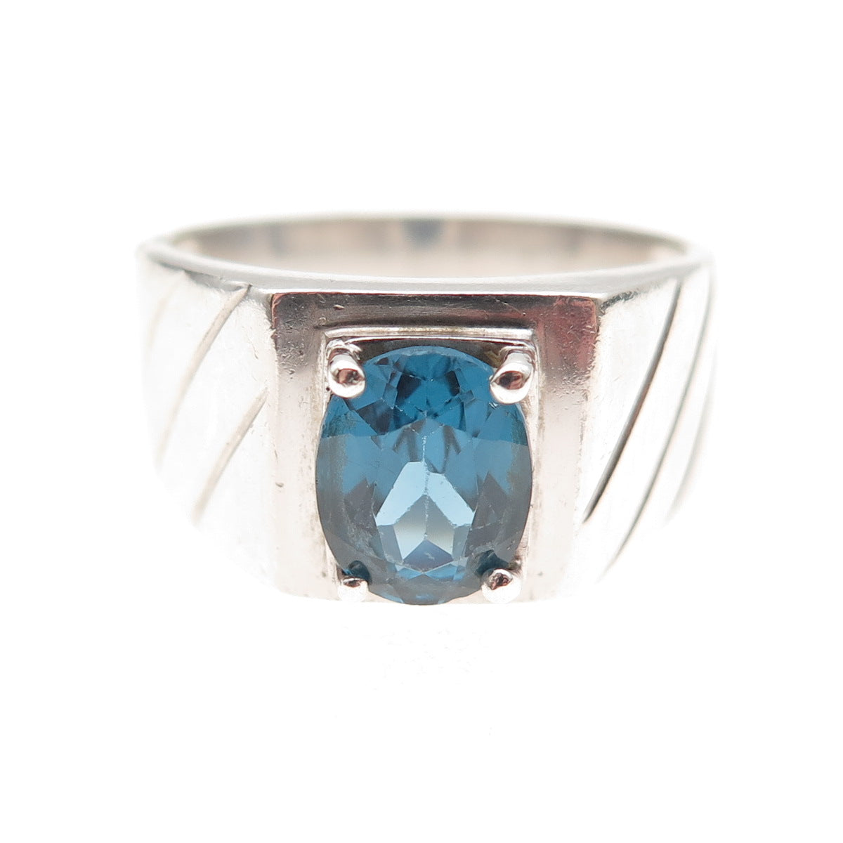 925 Sterling Silver Vintage Real Oval-Cut London Blue Topaz Ring Size 11