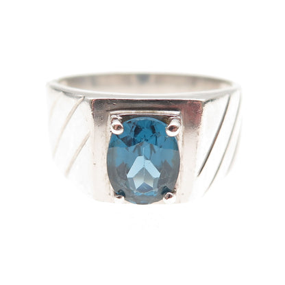 925 Sterling Silver Vintage Real Oval-Cut London Blue Topaz Ring Size 11
