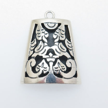 925 Sterling Silver Vintage Mexico Aztec Floral Shadow Box Oxidized Pendant