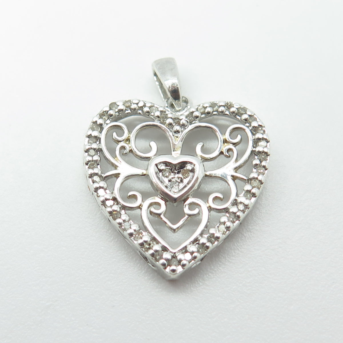 925 Sterling Silver Real Round-Cut White Diamond Ornate Heart Pendant