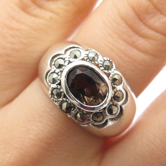CHARLES WINSTON Sterling Silver Vintage Real Smoky Quartz Marcasite Ring Size 9