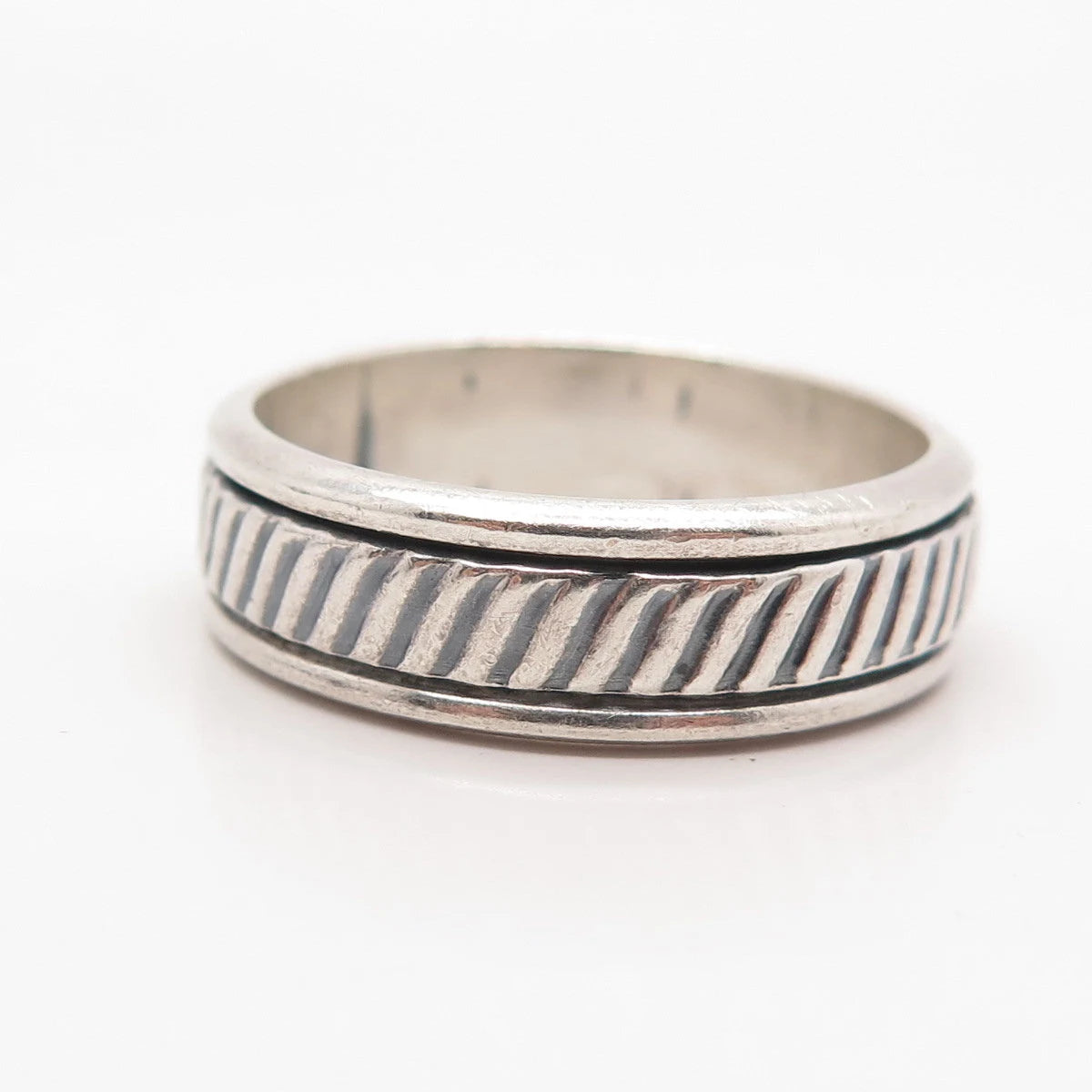 925 Sterling Silver Vintage Mexico Striped Rotating Band Ring Size 14.5