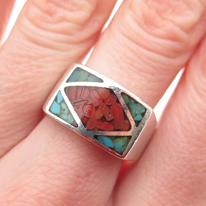 TOMMY LONG Old Pawn 925 Sterling Turquoise Coral Inlay Adjustable Ring Size 7.75