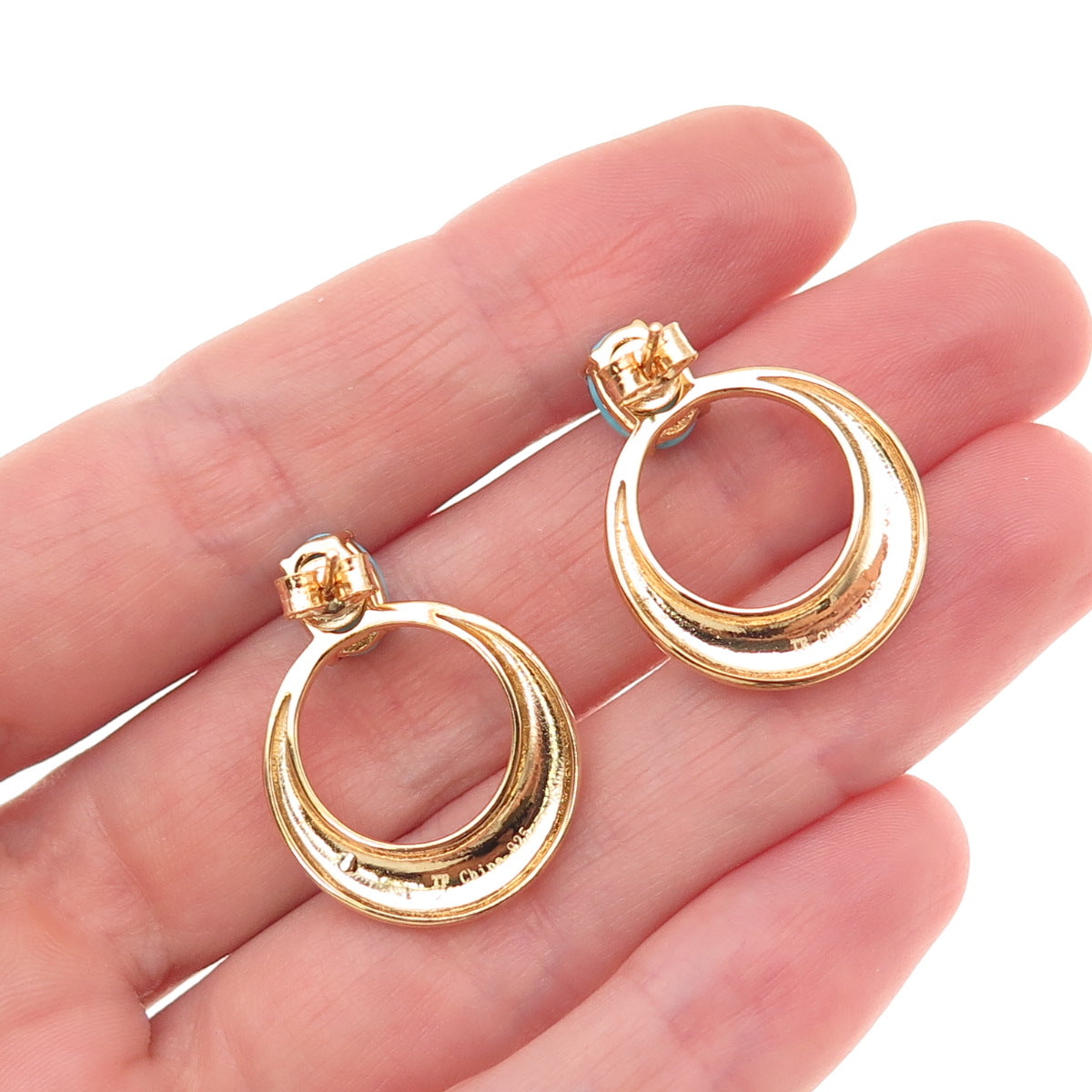 Tehya Oyama Sterling Silver Gold Plated Real Turquoise Crescent Dangle Earrings