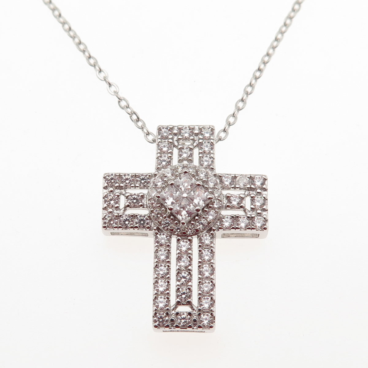 DEE BERKLE Sterling Silver Round & Princess-Cut C Z Cross Chain Necklace 16-18"