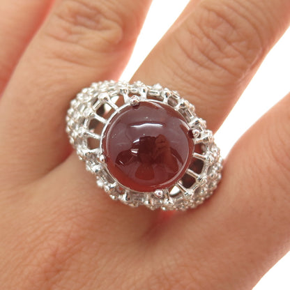925 Sterling Silver Vintage Real Carnelian Modernist Beaded Mesh Ring Size 9.25