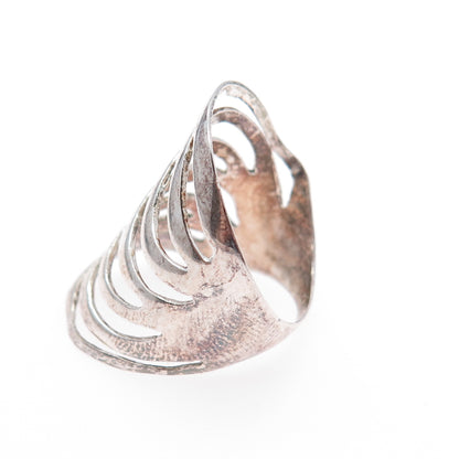 925 Sterling Silver Vintage Modernist Wavy Multi-Row Oxidized Ring Size 6.75