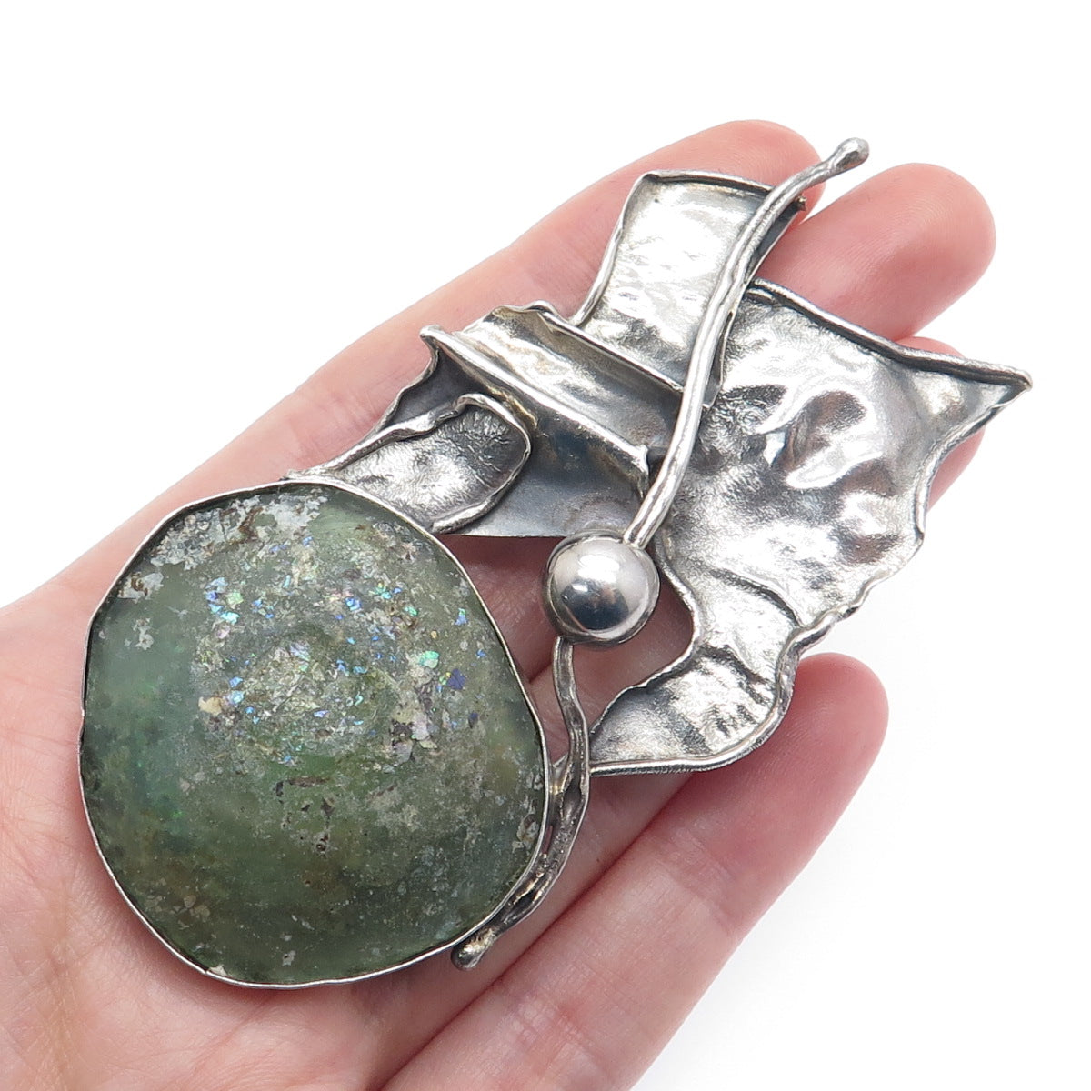 AVI SOFFER 925 Sterling Vintage Roman Glass Modernist Slide Pendant / Pin Brooch