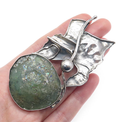 AVI SOFFER 925 Sterling Vintage Roman Glass Modernist Slide Pendant / Pin Brooch