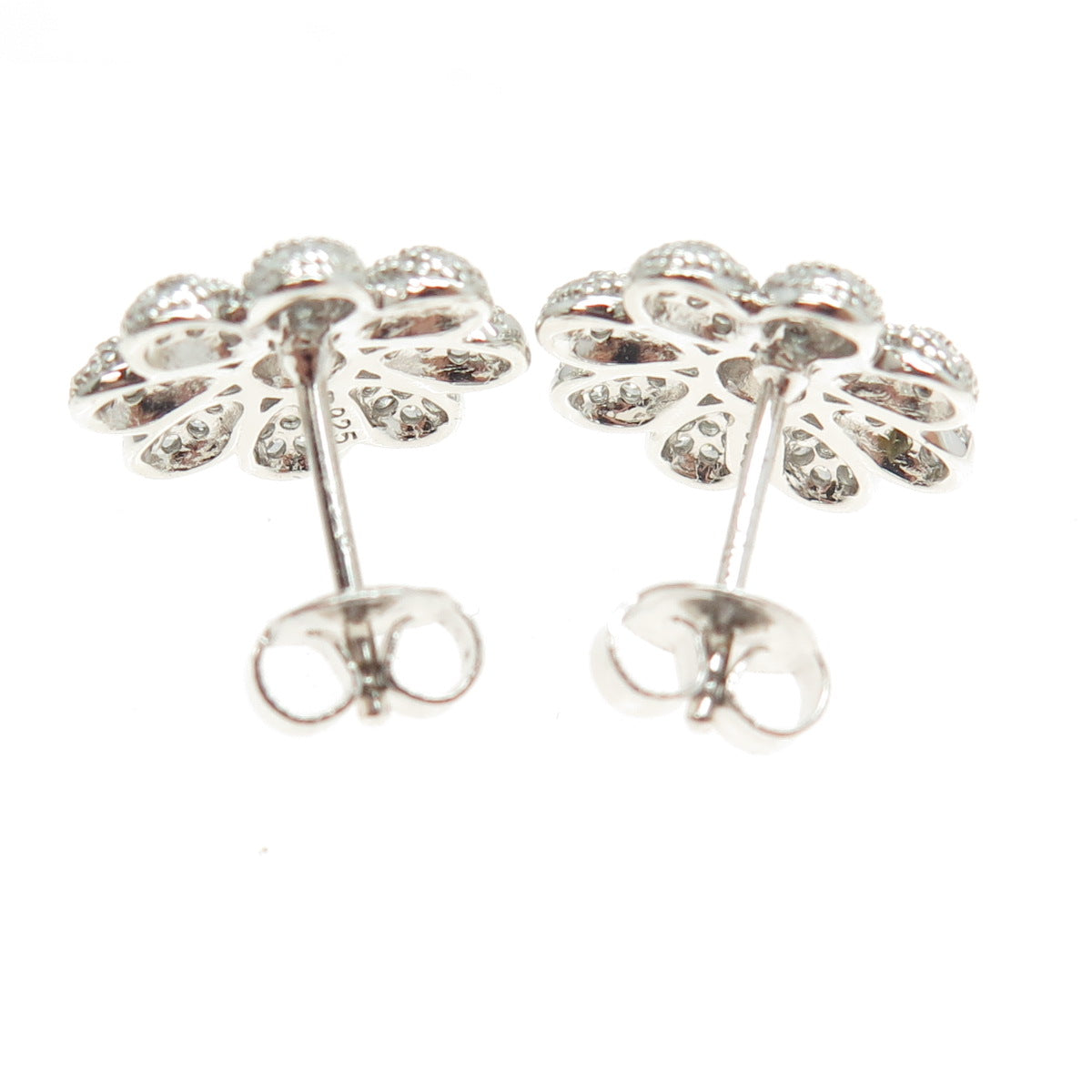 925 Sterling Silver Round-Cut C Z Flower Earrings