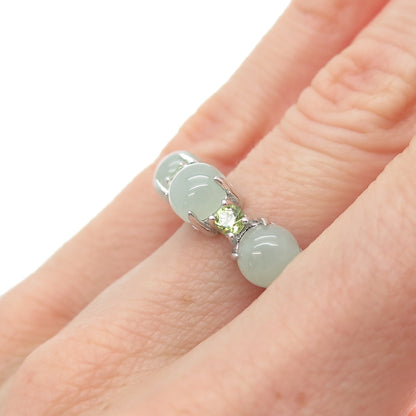 925 Sterling Silver Real Cabochon Jade & Round-Cut Peridot Ring Size 5.25