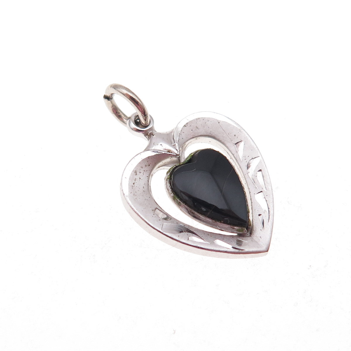 925 Sterling Silver Antique Art Deco Real Black Onyx Heart Charm Pendant
