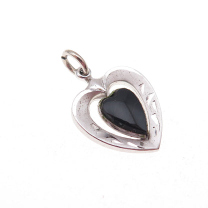 925 Sterling Silver Antique Art Deco Real Black Onyx Heart Charm Pendant