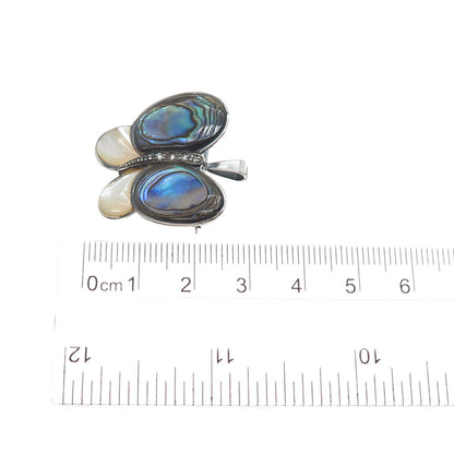 925 Sterling Silver Vintage Real Abalone Shell MOP C Z Butterfly Brooch Pendant