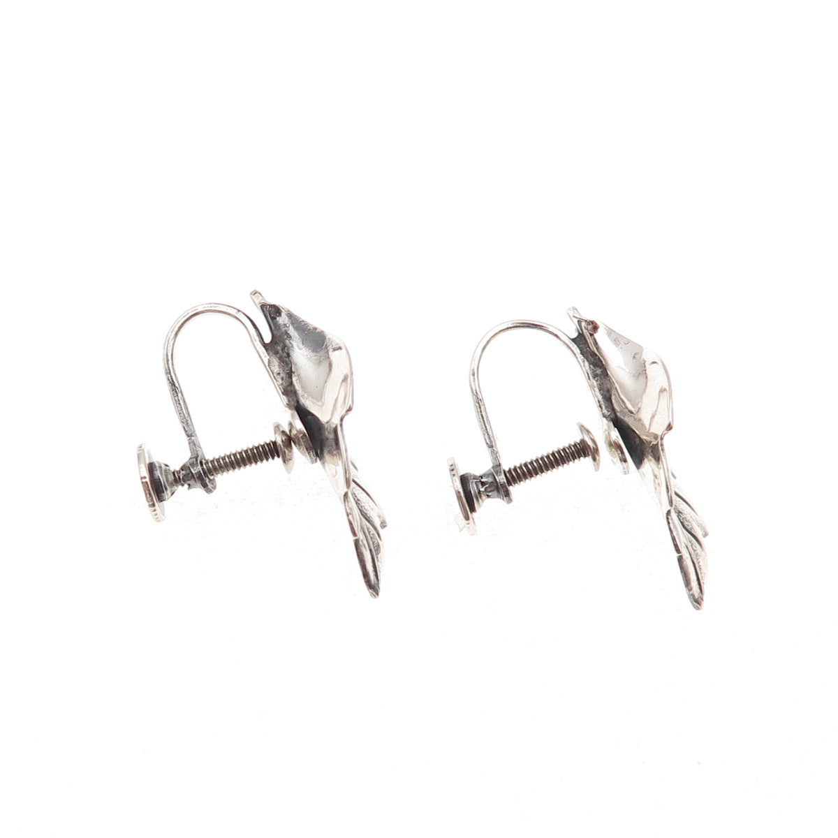 Beau Sterling Silver Antique Art Deco Floral Leaf Oxidized Screw Back Earrings