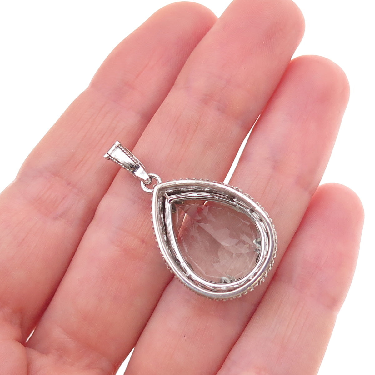 925 Sterling Silver Mexico Real Diamond & Green Amethyst Teardrop Charm Pendant