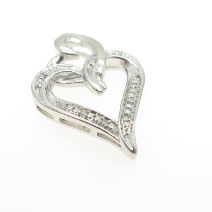 925 Sterling Silver Real Round-Cut Diamond Interlocked Hearts Slide Pendant