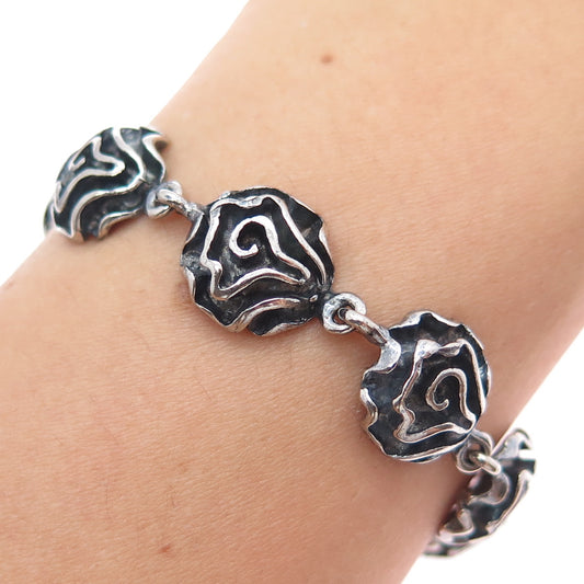 925 Sterling Silver Vintage Modernist Oxidized Flower Link Bracelet 7"