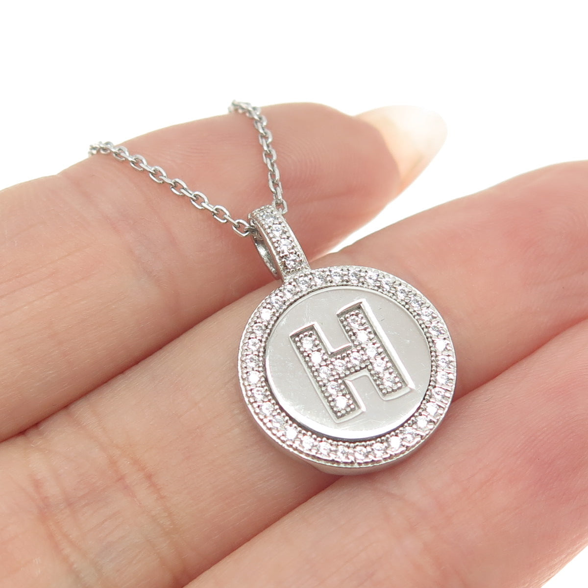 925 Sterling Silver Italy Pave C Z Letter "H" Initial Cable Chain Necklace 16"