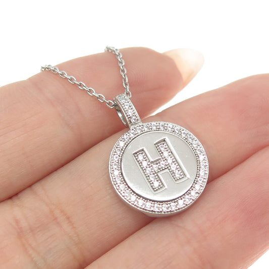 925 Sterling Silver Italy Pave C Z Letter "H" Initial Cable Chain Necklace 16"
