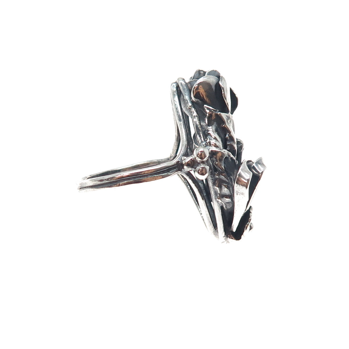 925 Sterling Silver Vintage Modernist Rose Flower Oxidized Ring Size 9