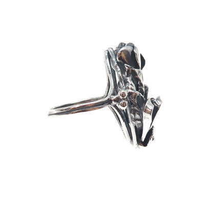 925 Sterling Silver Vintage Modernist Rose Flower Oxidized Ring Size 9