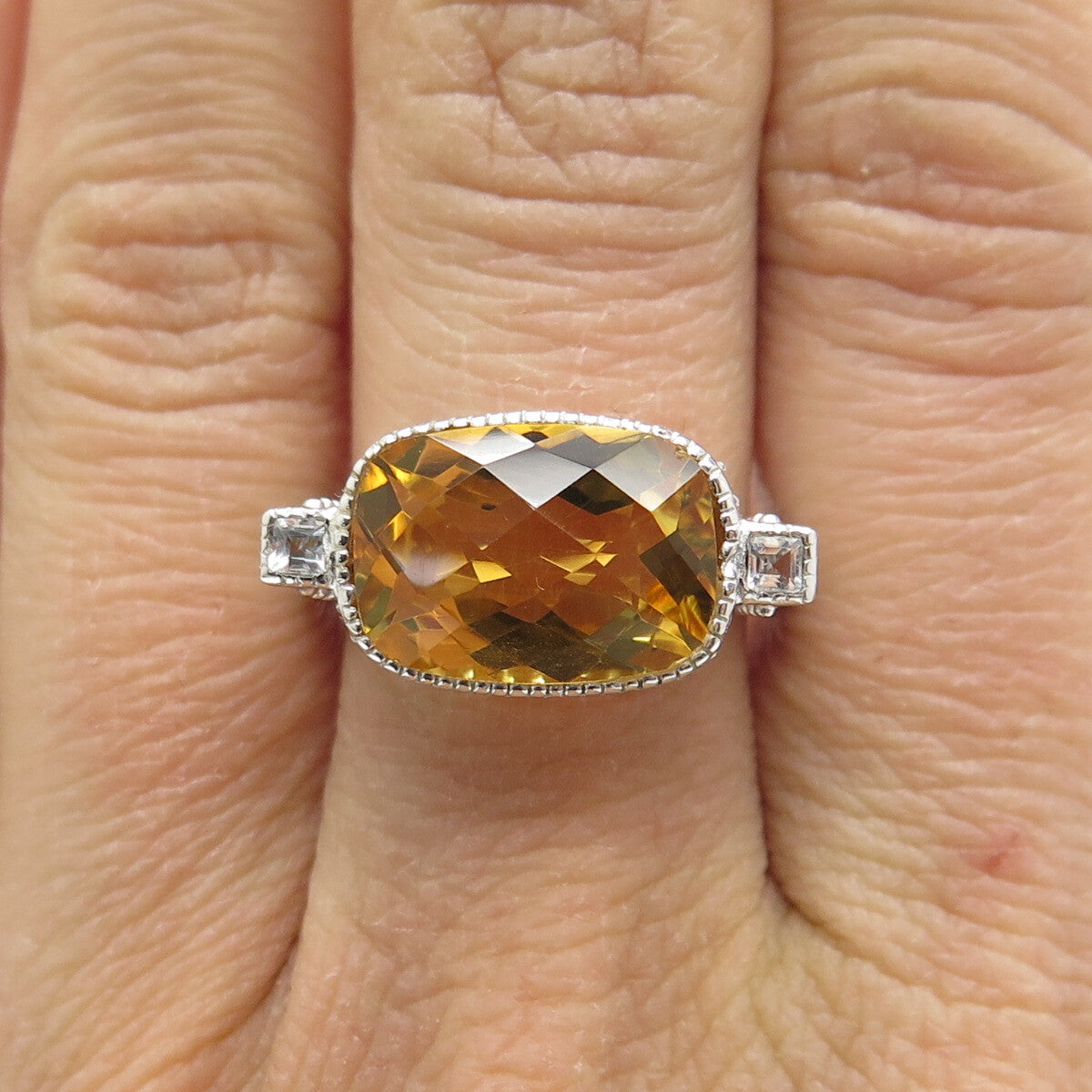 DSMK 925 Sterling Silver Checkered Citrine & White Topaz Gem Dome Ring Size 7.25