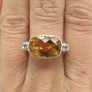 DSMK 925 Sterling Silver Checkered Citrine & White Topaz Gem Dome Ring Size 7.25