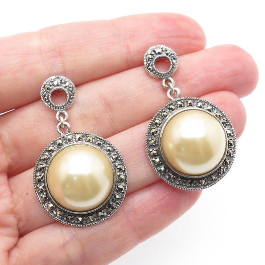 925 Sterling Silver Vintage Real Marcasite & Faux Pearl Dangle Earrings