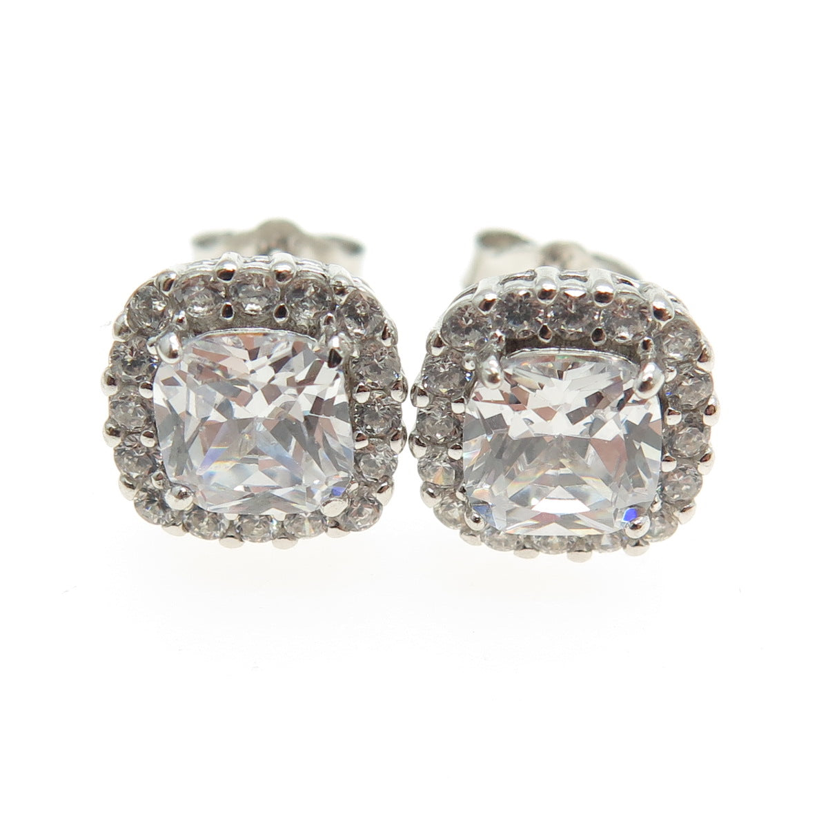 925 Sterling Silver Cushion & Round-Cut C Z Sparkle Stud Earrings