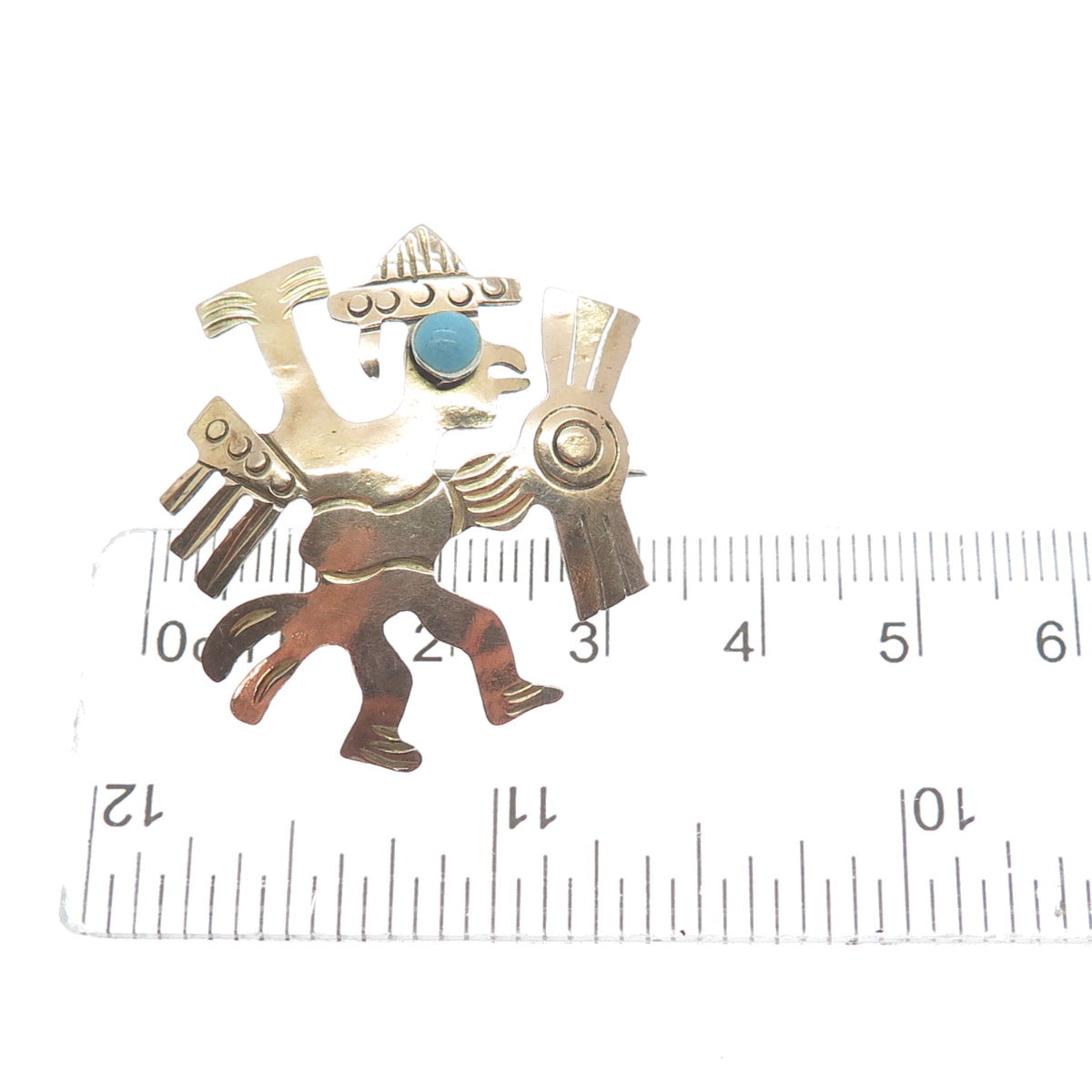 925 Sterling Silver & 18K Gold Vintage Real Turquoise Mayan Warrior Pin Pendant